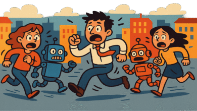 Cartoon people and robots run in fear against a city backdrop.