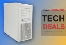Retro-style computer tower with Tom's Hardware 'Tech Deals' graphic overlay.