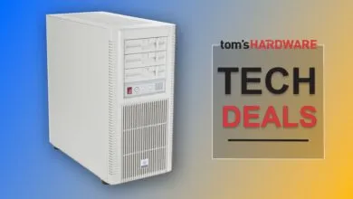 Retro-style computer tower with Tom's Hardware 'Tech Deals' graphic overlay.