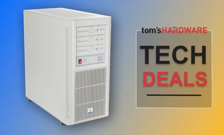 Retro-style computer tower with Tom's Hardware 'Tech Deals' graphic overlay.