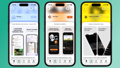 Three iPhone screens showcasing different social media apps: iPhanpy, PeerTube, and Loops by Pixelfed.
