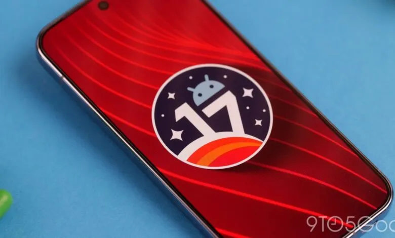 Android 17 logo on a phone screen with red background and blue surface.