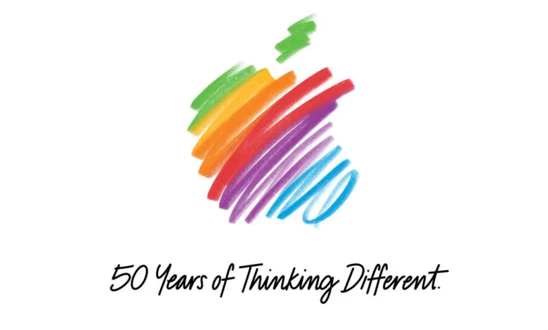 Apple logo reimagined with colorful brushstrokes, celebrating 50 years.
