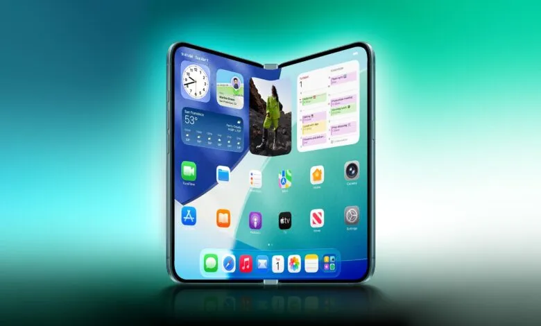 Foldable Apple device displaying clock, weather, and calendar apps.