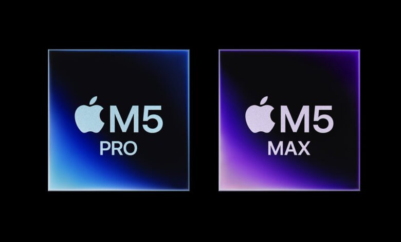 Apple M5 Pro and M5 Max chips with blue and purple gradient backgrounds.