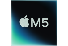 Apple M5 chip design on a gradient background.