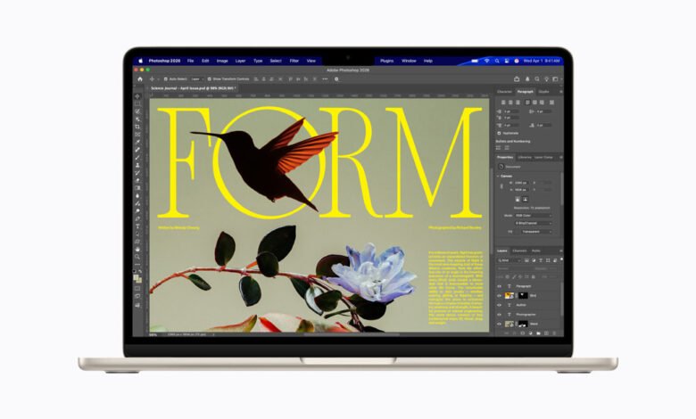 MacBook Air displaying Adobe Photoshop with a magazine layout featuring a hummingbird and floral design.