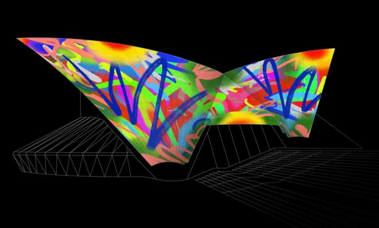 Sydney Opera House with vibrant graffiti art on its iconic sails.
