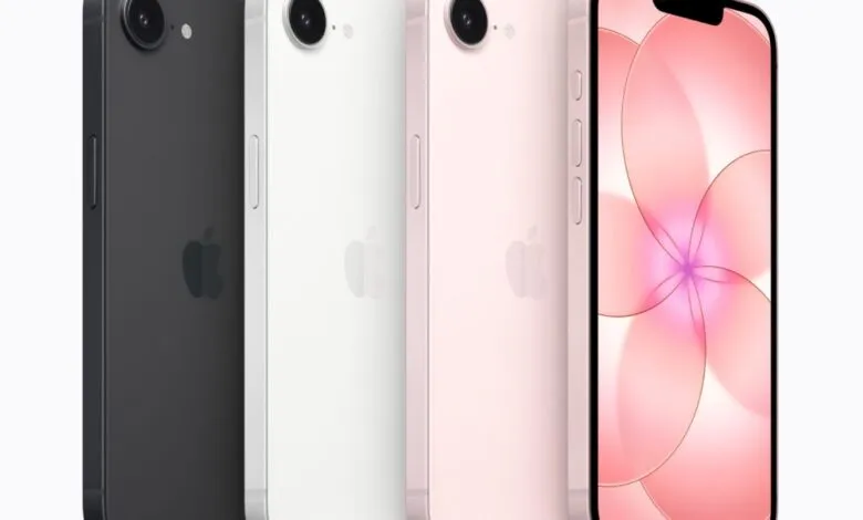 Four iPhones in black, white, pink, and rose gold colors lined up.