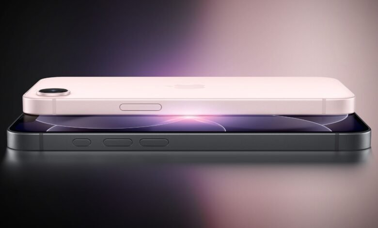 Two iPhones stacked: a pink one on top of a gray one.