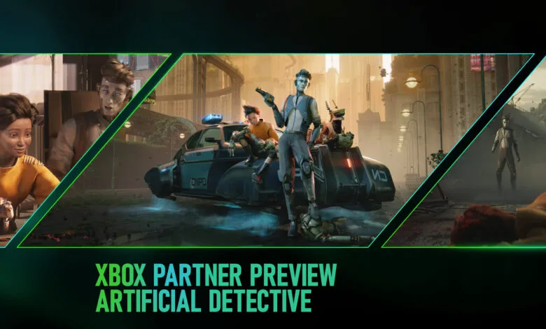 Artificial Detective game promo art featuring characters and futuristic city.