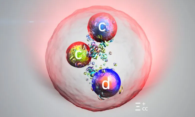 Illustration of a subatomic particle with two charm quarks and one down quark.