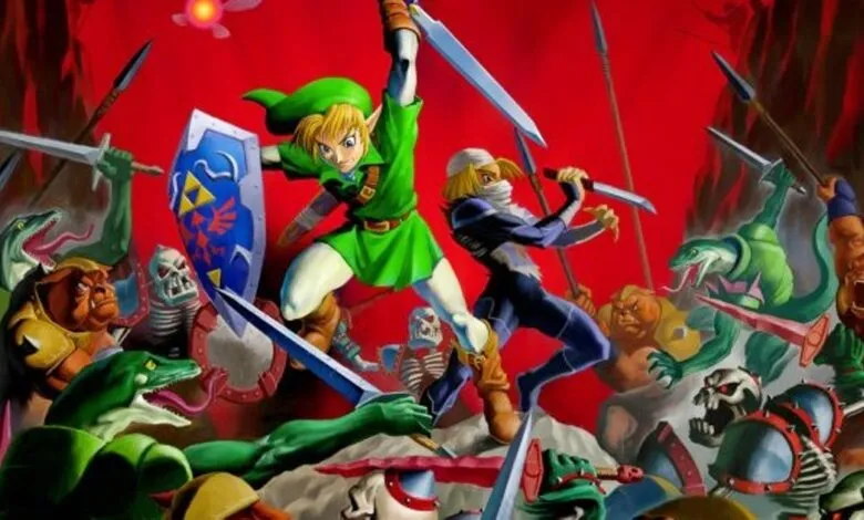 Link and Sheik battle hordes of monsters in Zelda: Ocarina of Time artwork.