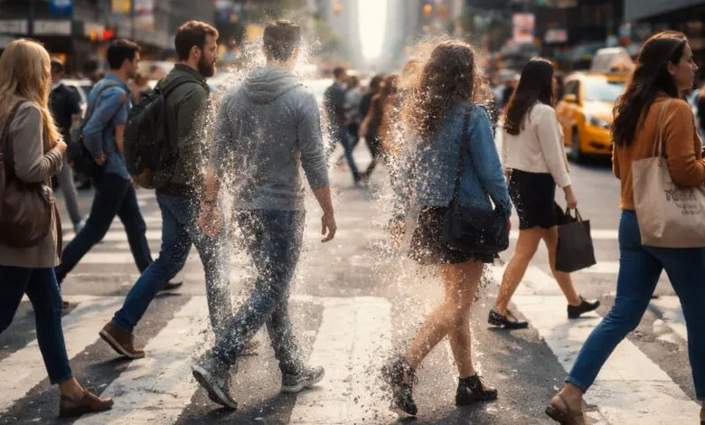 People crossing street with a dissolving effect, blending into the urban environment.