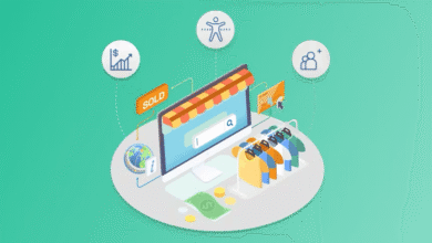 Isometric illustration of an online store with accessibility and sales icons.