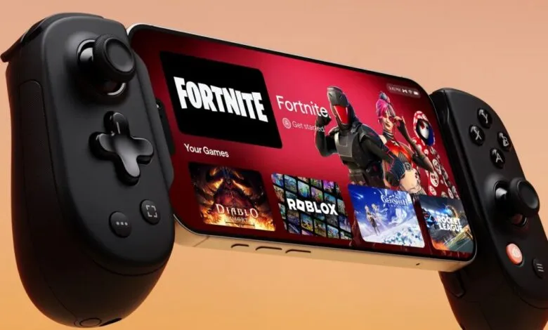 Backbone One mobile gaming controller attached to iPhone, displaying game options.