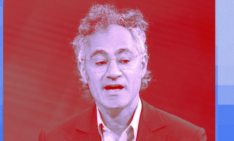 Alex Karp, Palantir CEO, in a stylized portrait with red and blue background.
