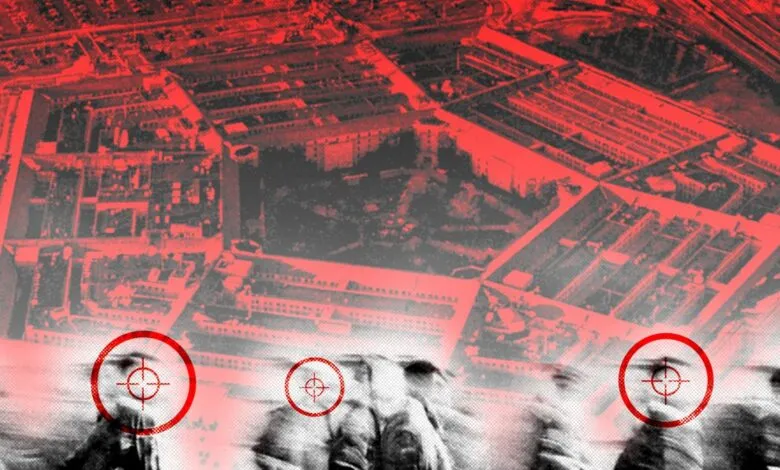 Overhead view of the Pentagon with target reticles over blurred figures.