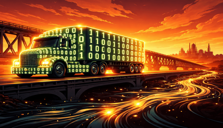 Truck covered in binary code drives across bridge at sunset.