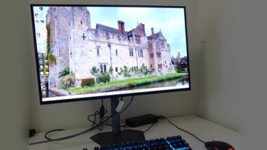 Computer monitor displays a castle scene with keyboard and mouse on a white desk.