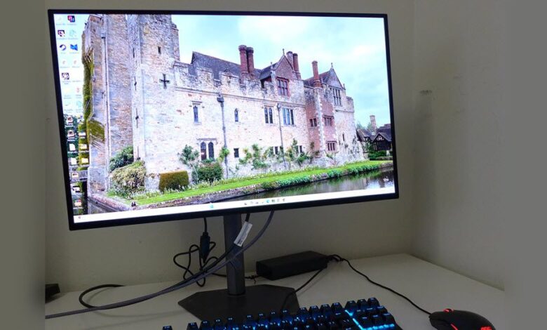 Computer monitor displays a castle scene with keyboard and mouse on a white desk.