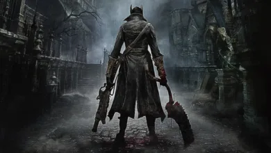 Bloodborne character stands in a gothic, fog-filled city.