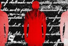 Three silhouetted figures stand against a backdrop of legal text.