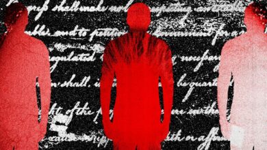 Three silhouetted figures stand against a backdrop of legal text.