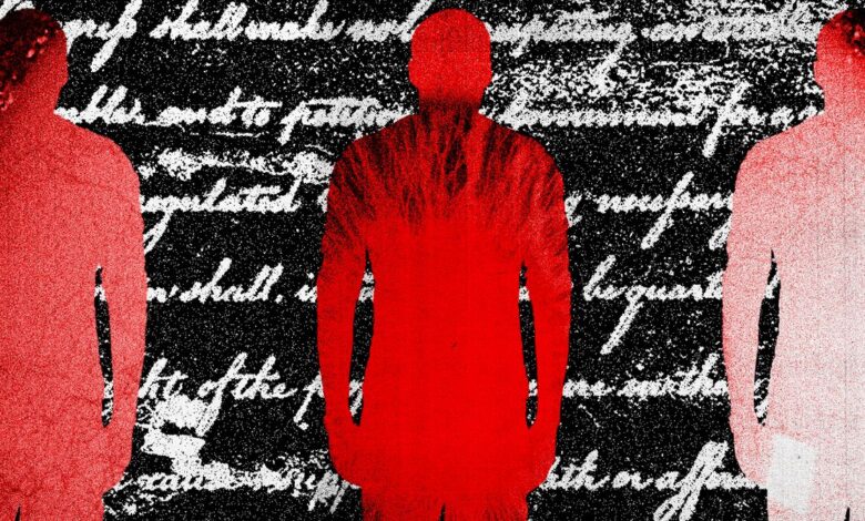 Three silhouetted figures stand against a backdrop of legal text.