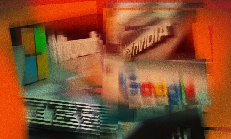 Abstract collage featuring logos of IBM, Google, and Nvidia with a textured, colorful overlay.