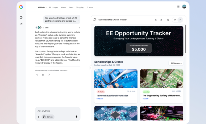 Screenshot of an AI-powered scholarship and grant tracker application.