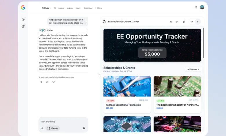 Screenshot of an AI-powered scholarship and grant tracker application.