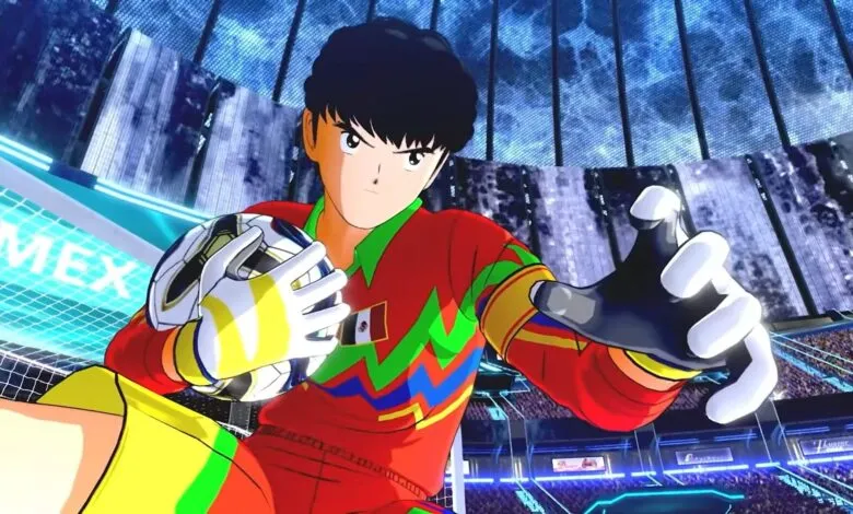 Anime goalkeeper in Mexican jersey prepares to catch a soccer ball.