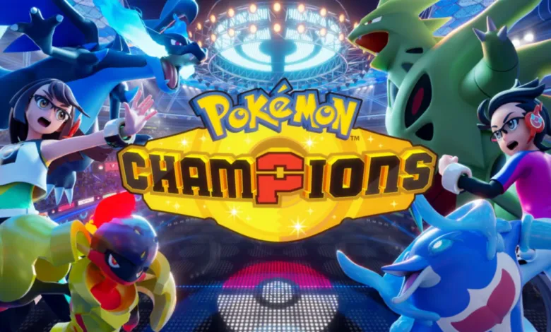 Pokemon Champions title card with trainers and Pokemon in a stadium setting.