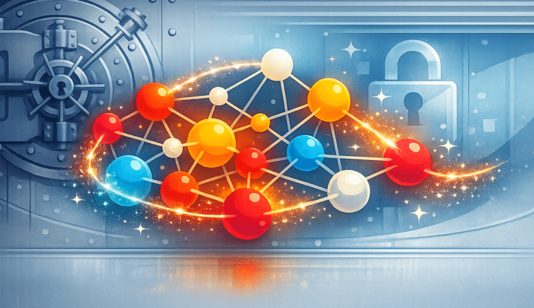 Colorful network of nodes connected by lines in front of a vault and padlock.