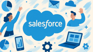 Salesforce cloud with people, charts, phone, laptop, and gear icons.