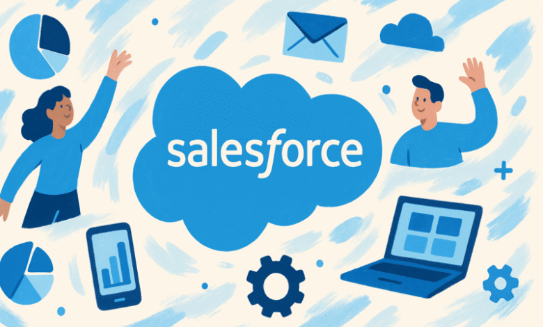 Salesforce cloud with people, charts, phone, laptop, and gear icons.