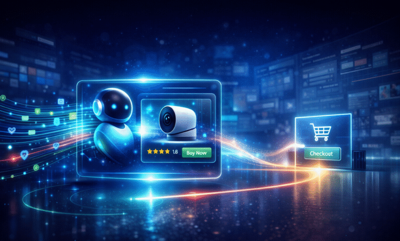 Futuristic online shopping interface with robot, camera, and checkout icons.