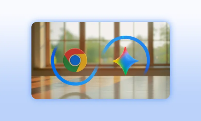 Chrome logo and colorful star connected by blue arc on wooden table.