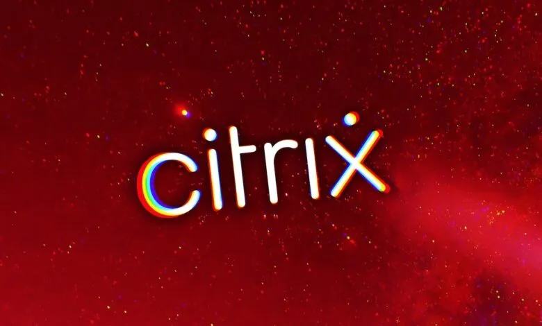 Citrix logo on a red background with colorful speckles.