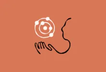 Abstract drawing of hand holding atom near face on terracotta background.