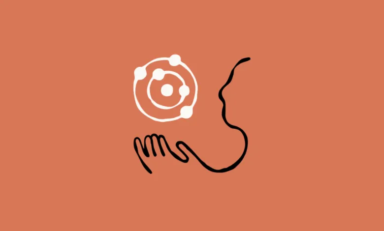 Abstract drawing of hand holding atom near face on terracotta background.