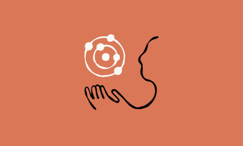 Abstract illustration of hand holding atom near a face profile.