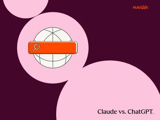 Globe graphic with search bar overlay, HubSpot logo, and 'Claude vs. ChatGPT' text.