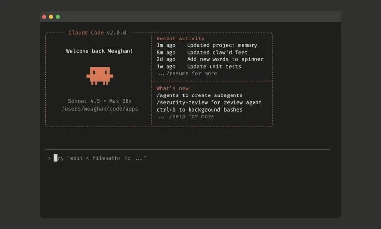 Claude Code v2.0.0 interface with welcome message and recent activity.