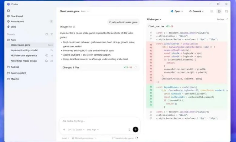 Codex interface displaying code for a classic snake game project.