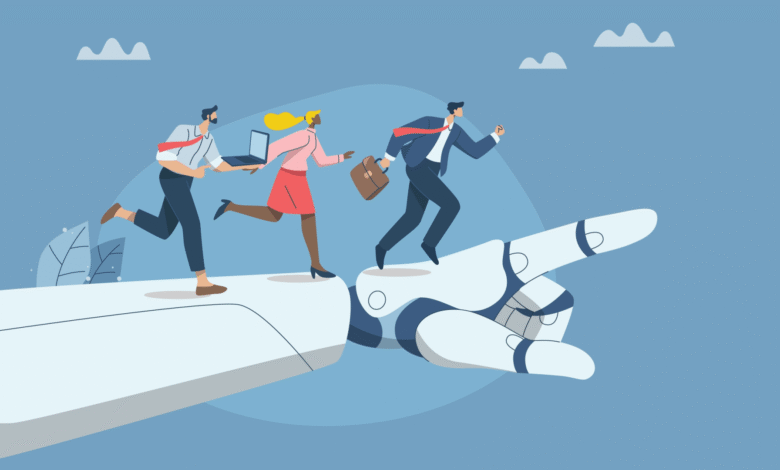 Three business people running on a giant robot hand pointing forward.