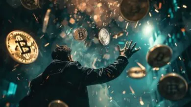 Person reaching for falling Bitcoin coins in a dynamic scene.