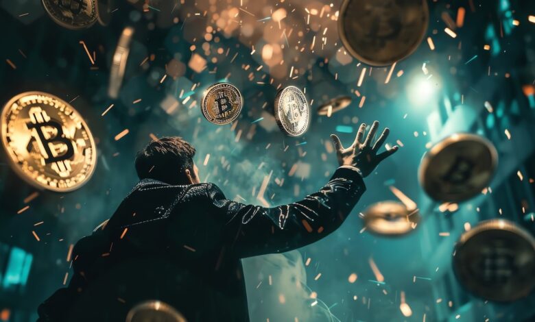 Person reaching for falling Bitcoin coins in a dynamic scene.