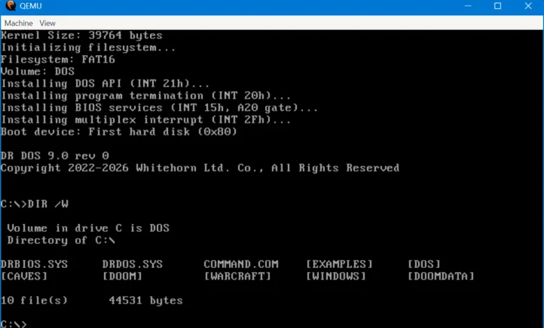 DR-DOS 9.0 screenshot showing directory listing in QEMU emulator.
